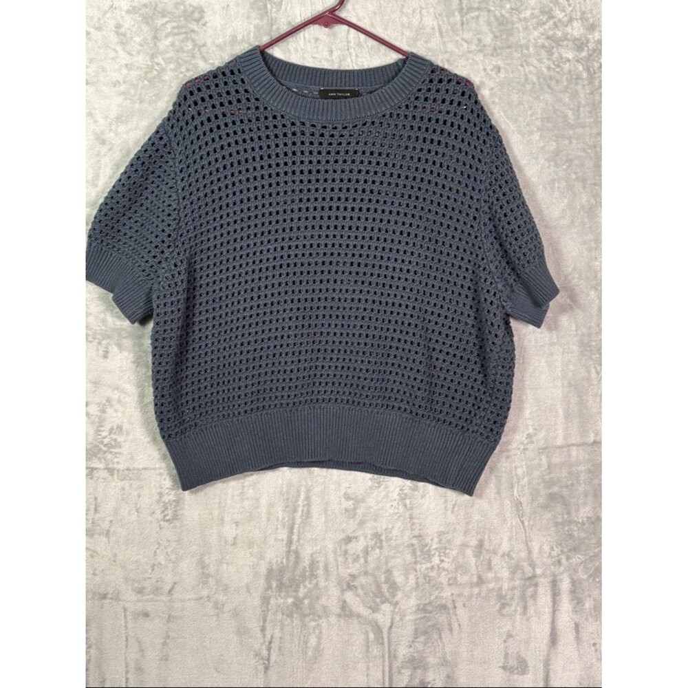 Ann Taylor Gray Navy Mesh Crew Neck Cropped Sweater Size XXL
